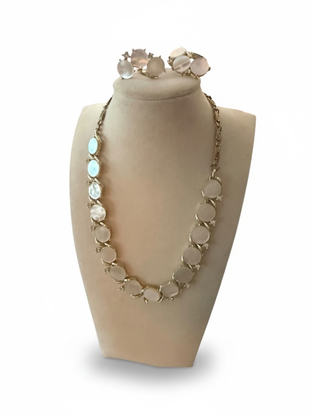 Vintage Lisner Mother of Pearl Rhinestone Necklace & Earrings Set